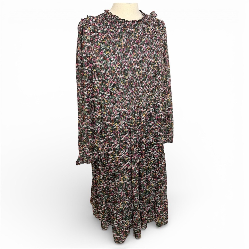 DRAPER JAMES RSVP Dark Green Chiffon Floral Smocked Long-Sleeve Midi Dress, XXL - Picture 6 of 12